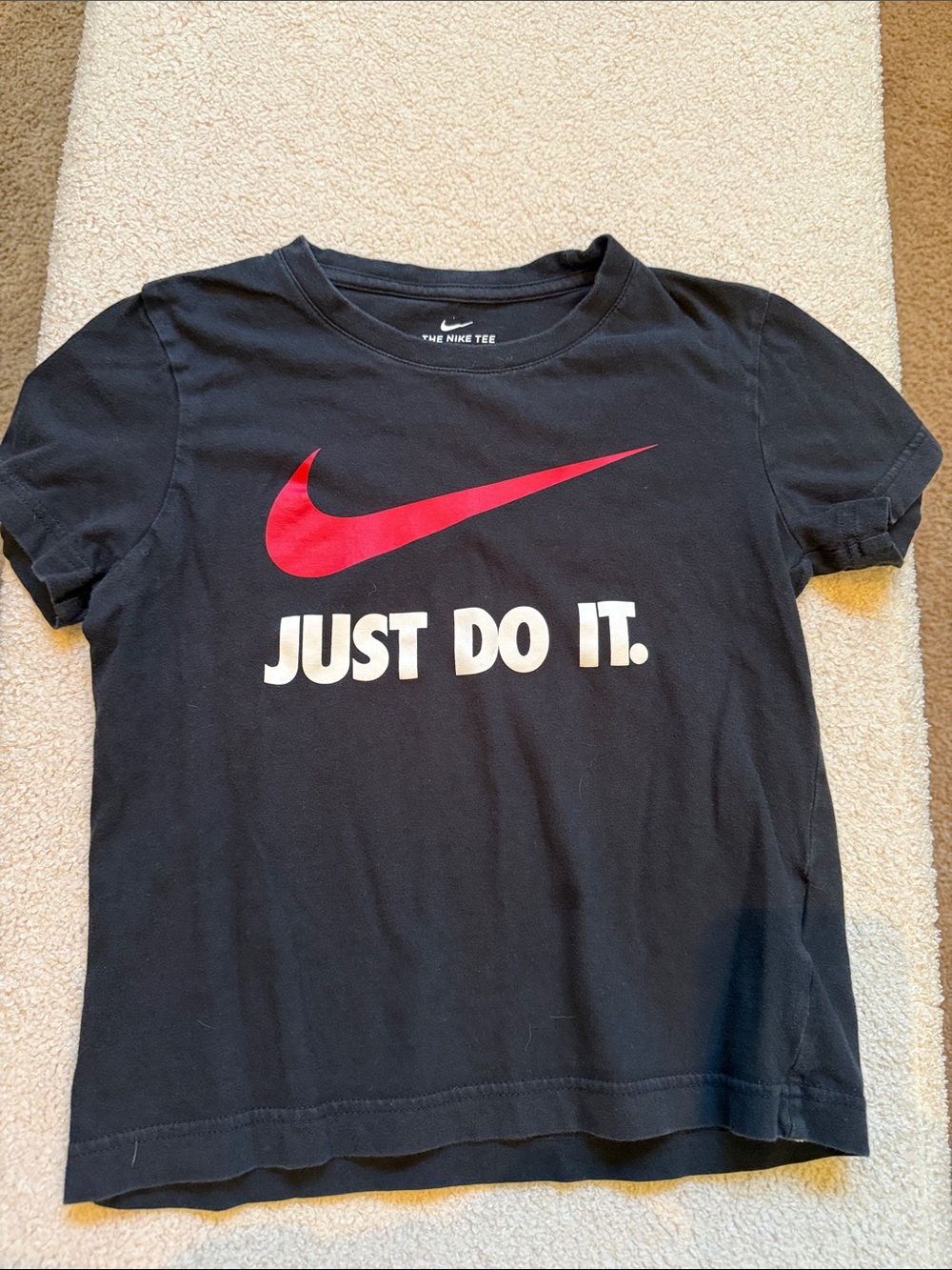 Nike Black Tee with Red Swoosh and White 'Just Do It.' Kids 7